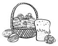 Easter eggs in a basket with Easter cake. Hand drawn sketch outline ink vector illustration Royalty Free Stock Photo